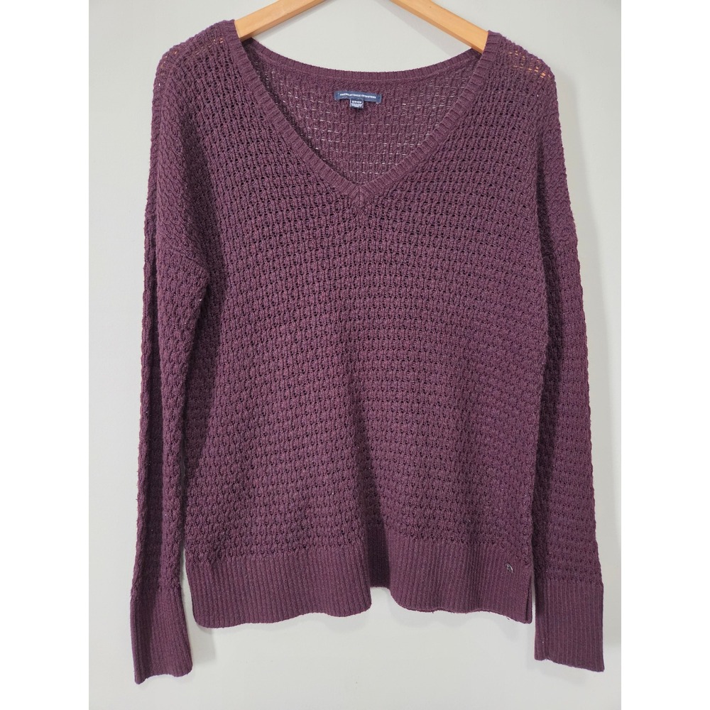 American Eagle Outfitters Womens‎ Plum Purple V-Neck Waffle Knit Sweater Small